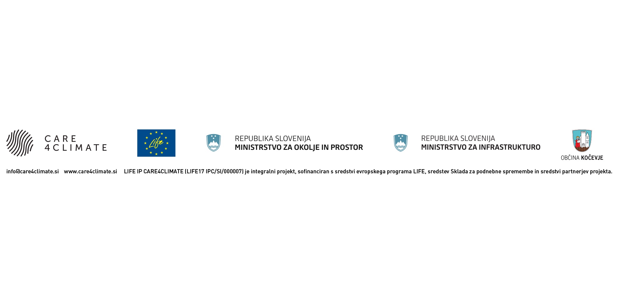 Logotipi financerjev Care4Climate, EU Life, Ministrstvo za okolje in prostor, ministrstvo za infrastrukturo, Občina Kočevje 